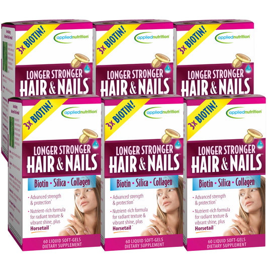 Applied Nutrition Longer Stronger Hair & Nails bottle with 60 soft-gels for daily support.