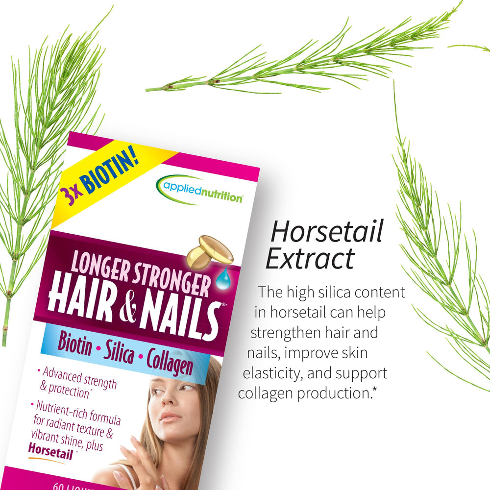 Applied Nutrition Longer Stronger Hair and Nails close-up on glossy nails and healthy hair.