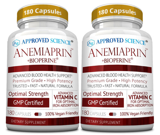Approved Science Anemiaprin bottle front with 380 capsules for daily iron support.