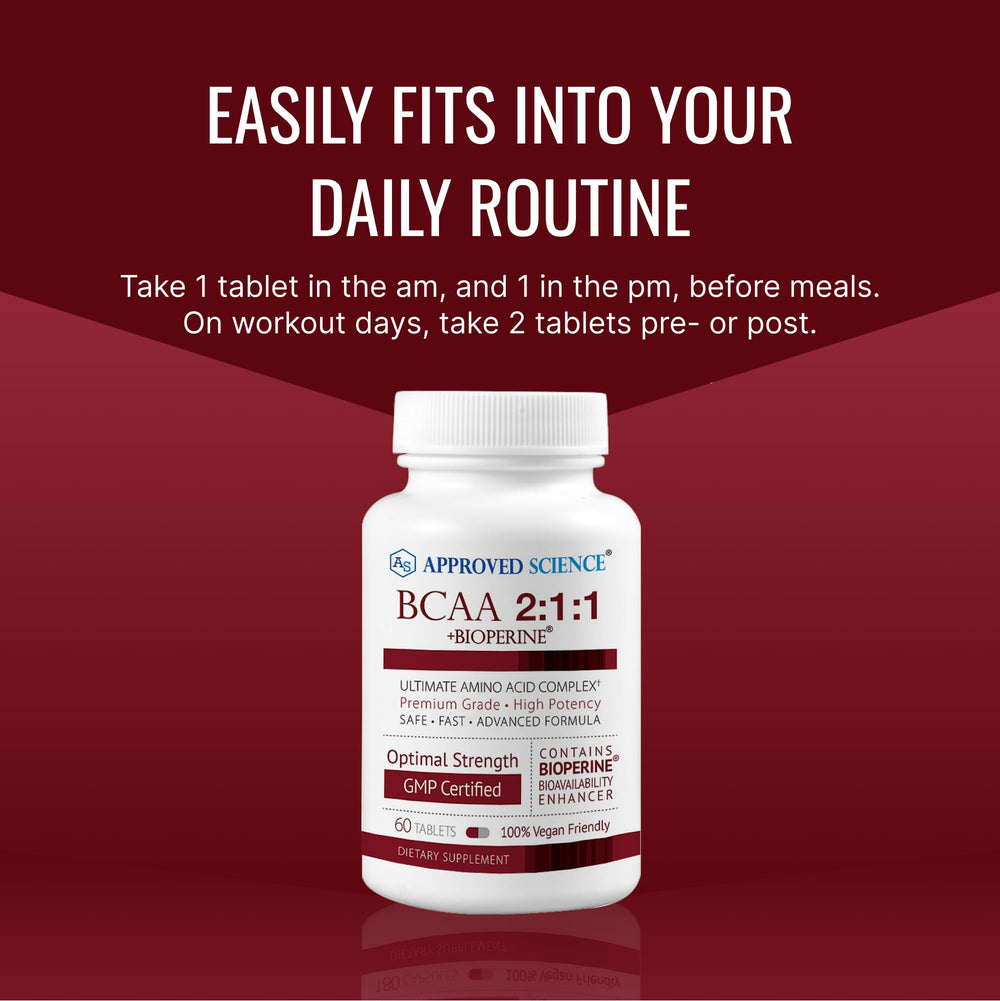 Approved Science BCAA bottle held; convenient daily supplement