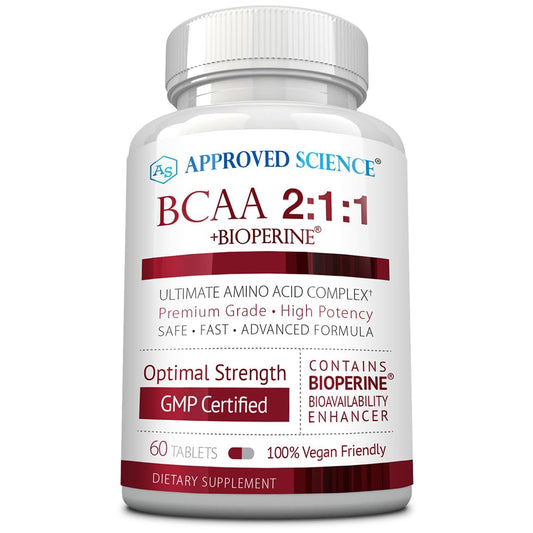 Approved Science BCAA supplement bottle with clear dosage for enhanced performance