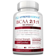 Approved Science BCAA supplement bottle with clear dosage for enhanced performance