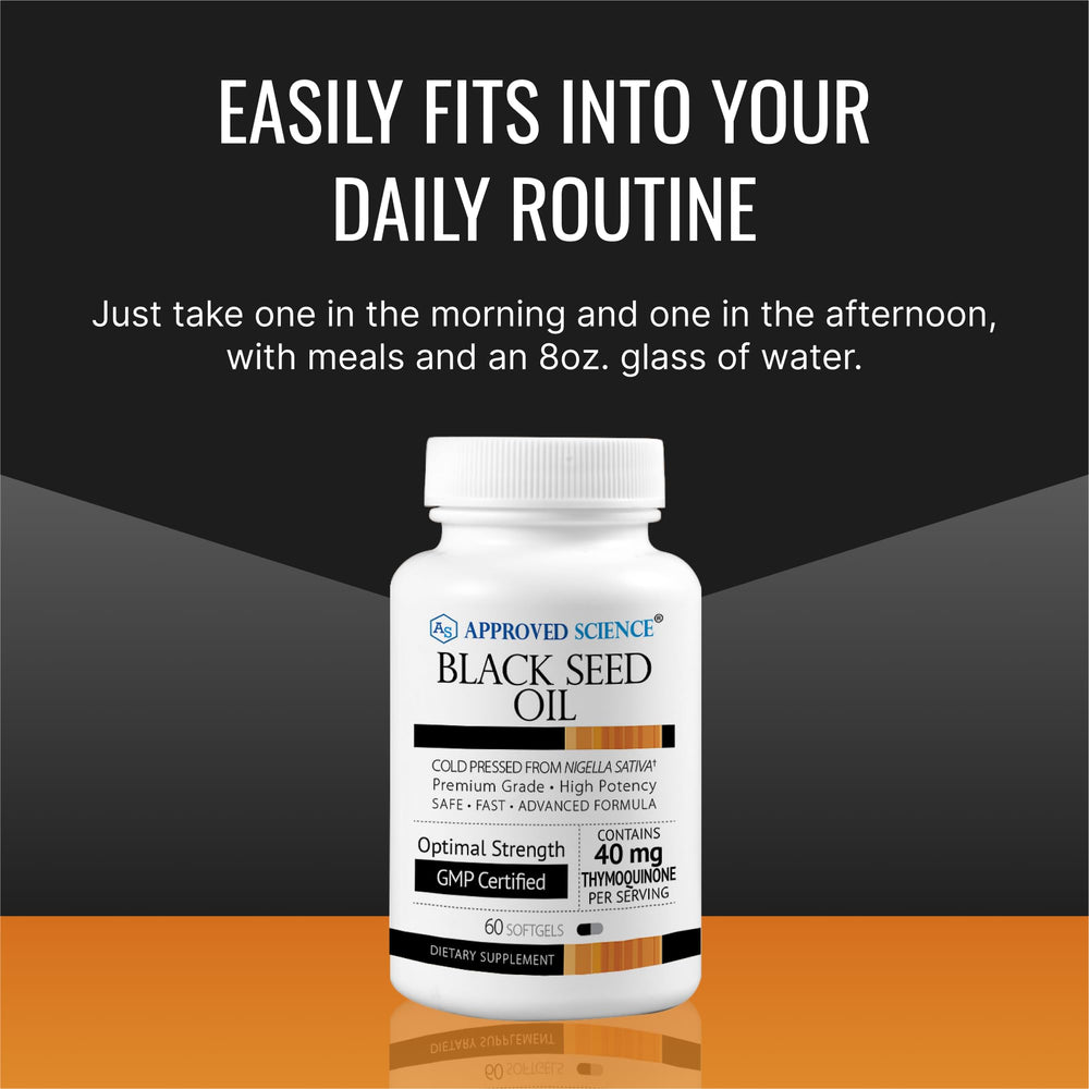 Approved Science Black Seed Oil daily-use scene shows a practical wellness routine.
