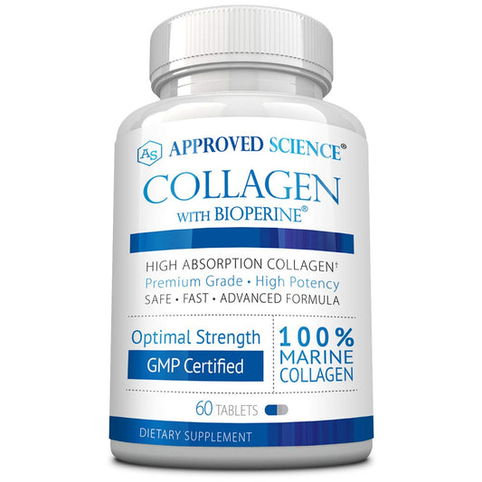 Approved Science Collagen Pills bottle front for daily skin and hair support.