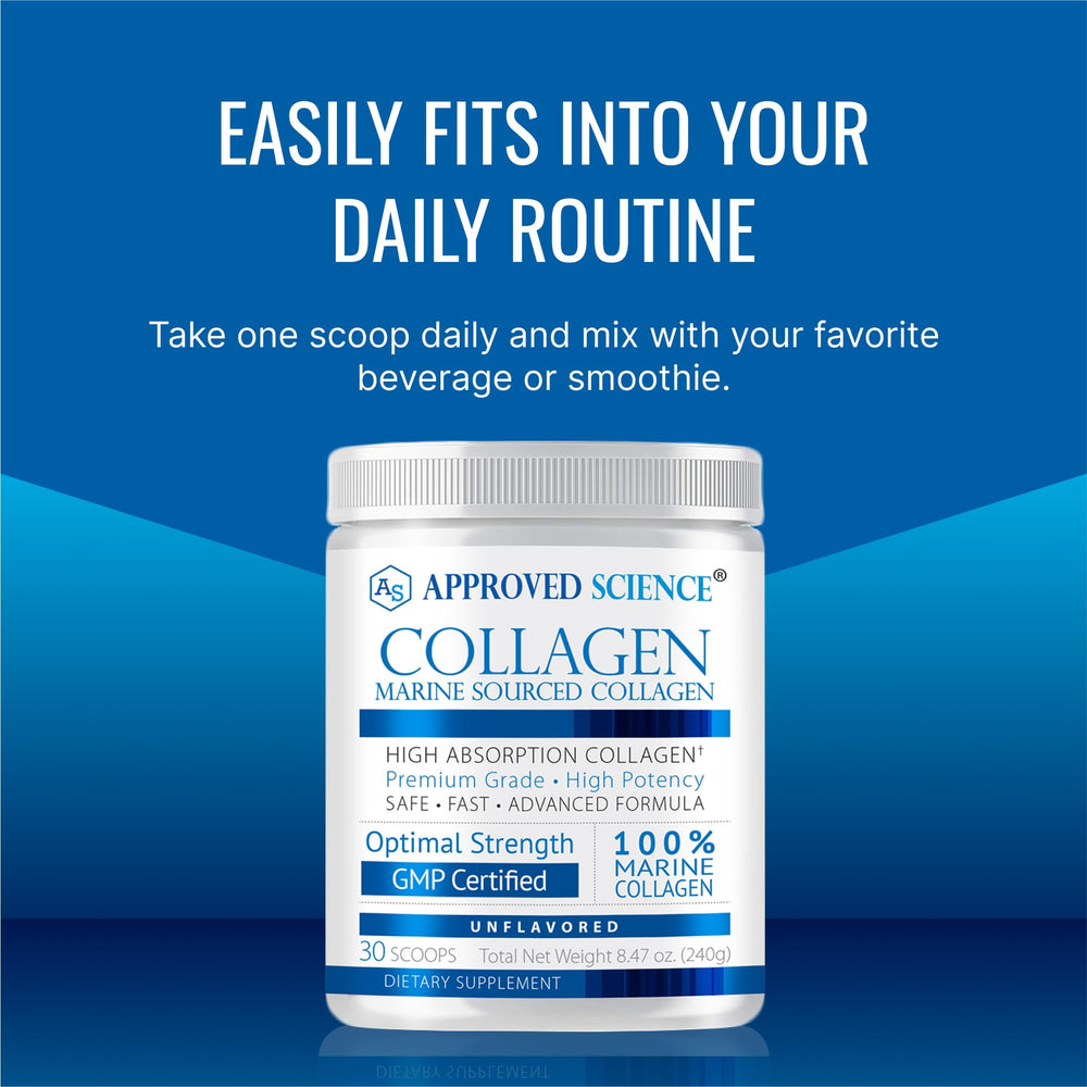 Approved Science Collagen Powder label shows USA-made quality and GMP production