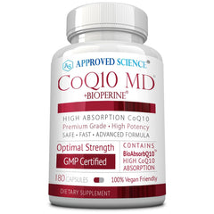 Approved Science CoQ10 MD bottle front view with high-potency 300 mg capsules