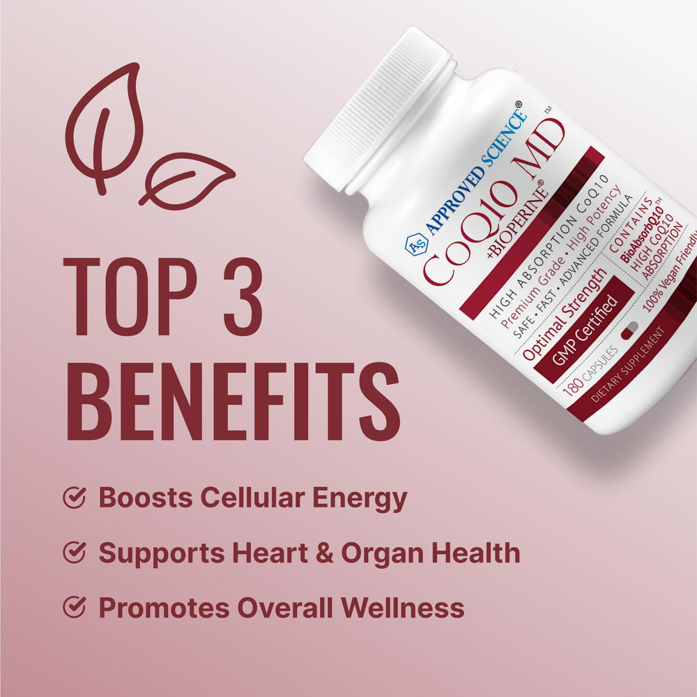 Close-up of Approved Science CoQ10 MD vegan capsules
