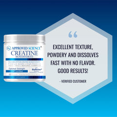 Approved Science Creatine Monohydrate powder on a kitchen counter supports easy daily use.