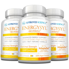 Approved Science Energysyl caffeine-free bottle for calm, steady daily energy support.