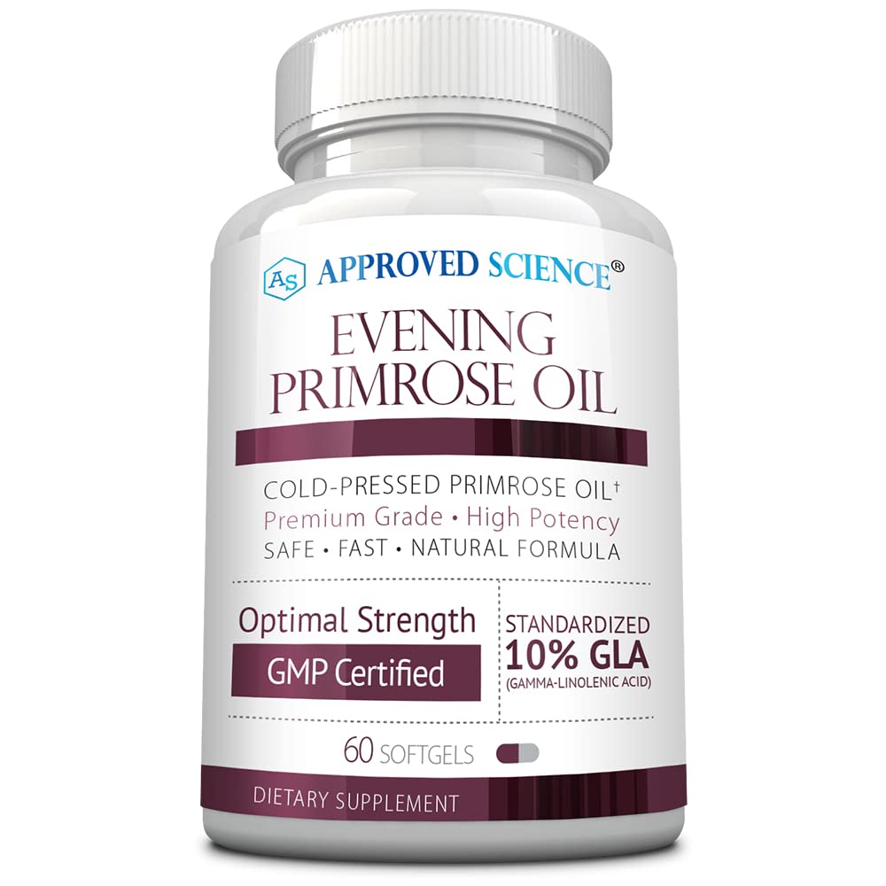 Approved Science Evening Primrose Oil bottle label close-up for hormonal balance support.