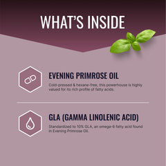 Approved Science Evening Primrose Oil softgels close-up highlighting skin and hair benefits.