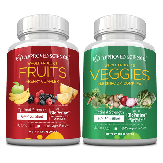 Approved Science Fruits & Veggies bottle front with capsules for daily wellness