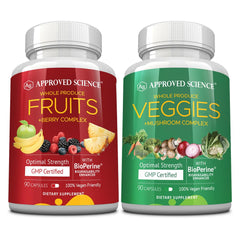 Approved Science Fruits & Veggies bottle front with capsules for daily wellness