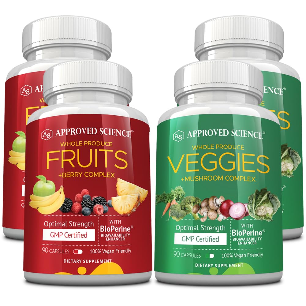 Approved Science Fruits & Veggies bottle top view reveals compact daily capsules for convenient wellness.