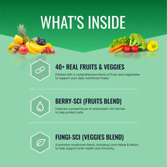 Approved Science Fruits & Veggies label close-up shows a two-month supply for consistent daily use.