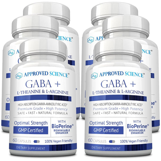 Approved Science GABA+ bottle and capsules on a clean surface for calm support