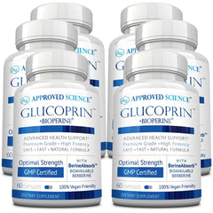 Approved Science Glucoprin bottle front highlighting berberine blend for daily wellness support.