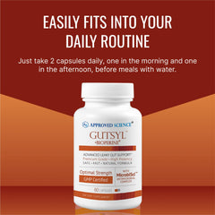 Approved Science Gutsyl prebiotic icon hints at digestive balance support.