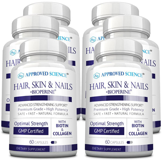 Approved Science Hair, Skin and Nails bottle shown for daily beauty support.