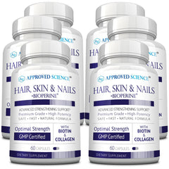 Approved Science Hair, Skin and Nails bottle shown for daily beauty support.