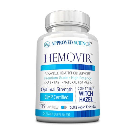 Approved Science Hemovir bottle front for daily hemorrhoid comfort.