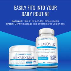 Approved Science Hemovir made-in-USA label emphasizes quality and vegan formulation.