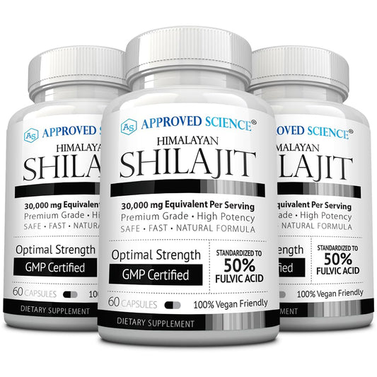 Approved Science Himalayan Shilajit capsules on bottle showing energy support potential