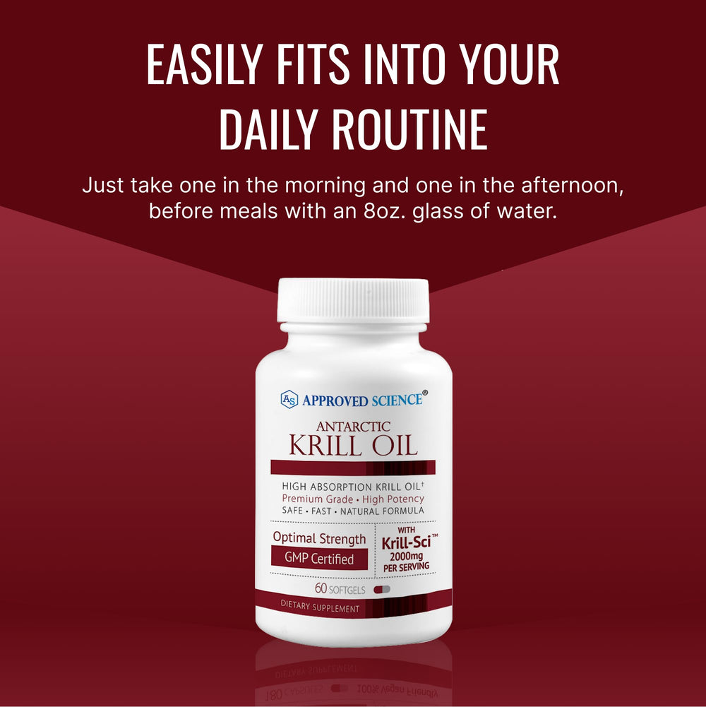 Approved Science Krill Oil bottle with glass and spoon, suggesting easy daily dosage.