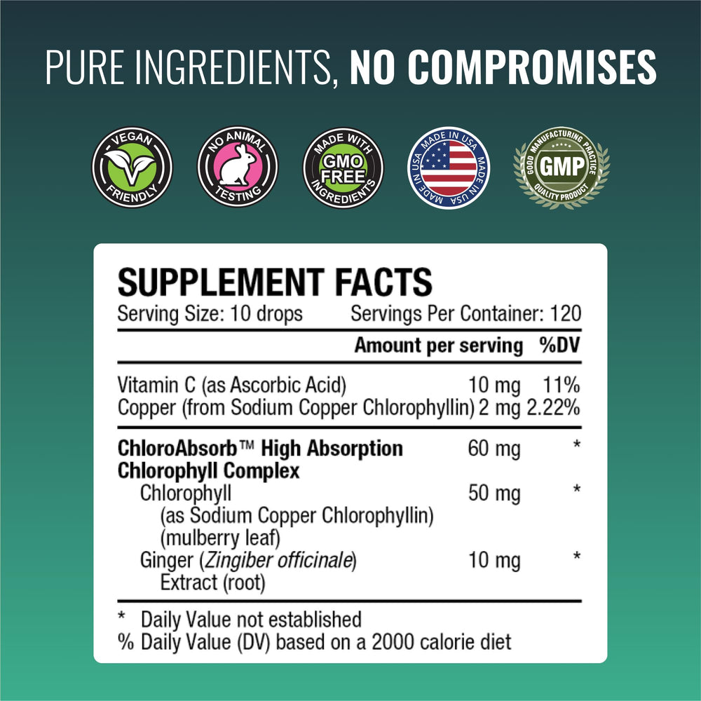 Approved Science Liquid Chlorophyll glass with drops suggests easy daily use.