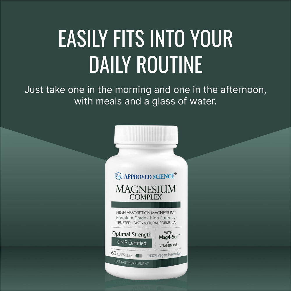 Approved Science Magnesium Complex bottle pouring to show easy daily dosing.