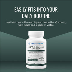 Approved Science Magnesium Complex bottle pouring to show easy daily dosing.