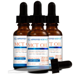 Approved Science MCT Oil bottle close-up highlighting coconut-derived MCT for energy support