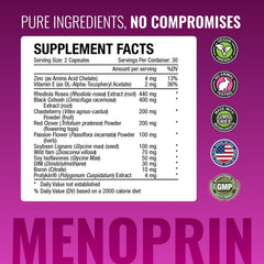 Approved Science Menoprin ingredient mix highlights Protykin and Black Cohosh within formula.