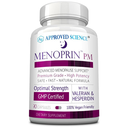 Approved Science Menoprin PM bottle side view supports relaxed evenings with valerian and melatonin