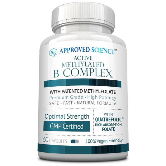 Approved Science Methylated B Complex bottle front showing active B vitamins for daily energy.