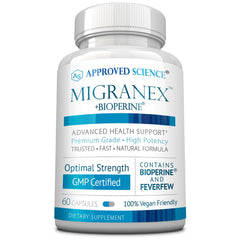 Approved Science Migranex bottle cap close-up showcasing vegan capsules for daily support.