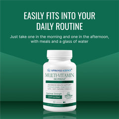 Approved Science Multi-Vitamin ingredients graphic emphasizing bioavailability and plant antioxidants.