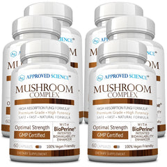 Approved Science Mushroom Complex bottle front showing label for immune support.