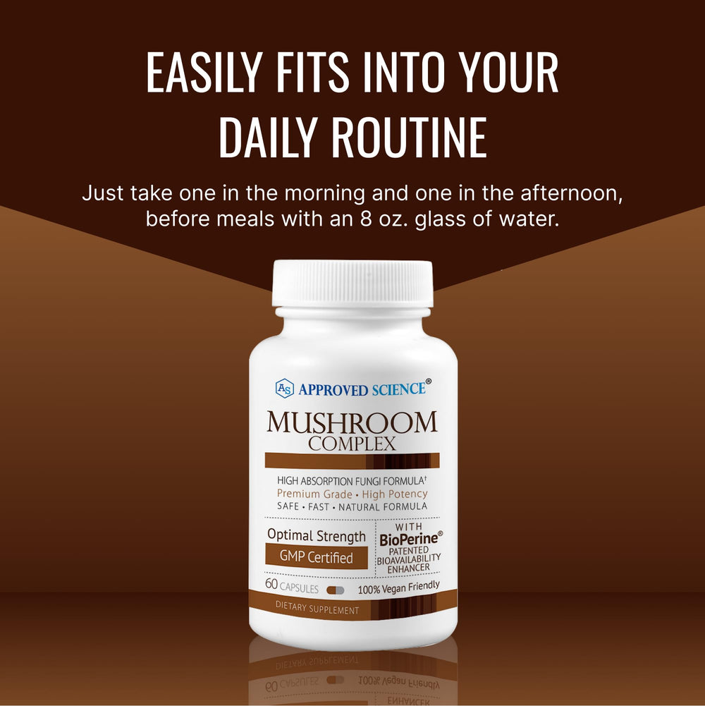 Approved Science Mushroom Complex capsules with a glass of water beside.