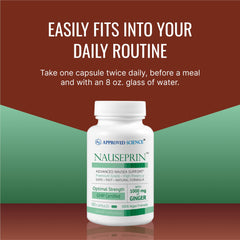 Approved Science Nauseprin vegan capsules under bright light signaling Non-GMO formula.