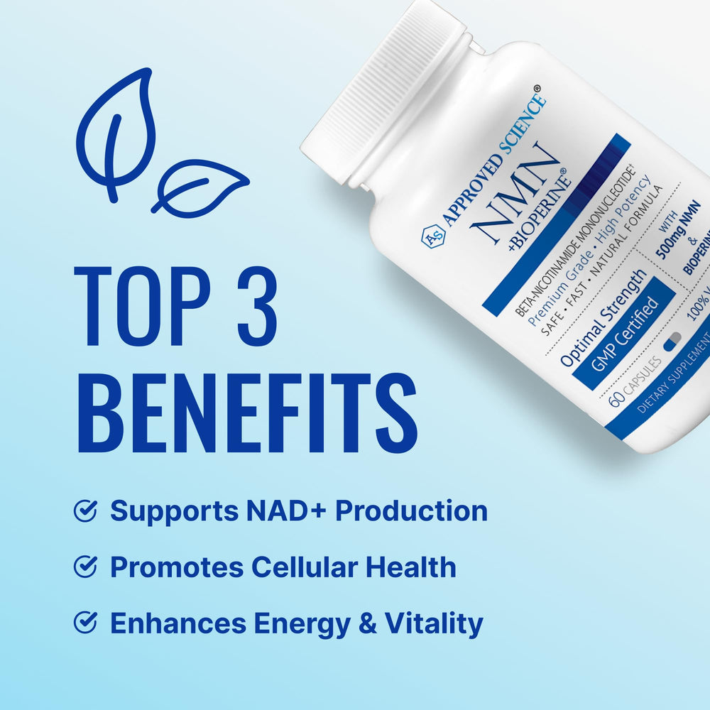 Approved Science NMN 500mg capsules promoting healthy aging and cellular energy.