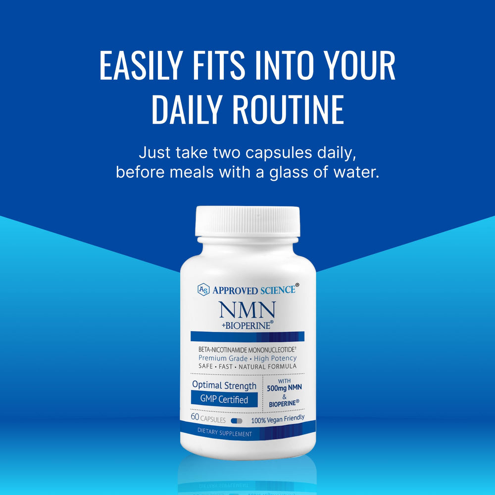 Approved Science NMN capsules in hand for easy daily use.