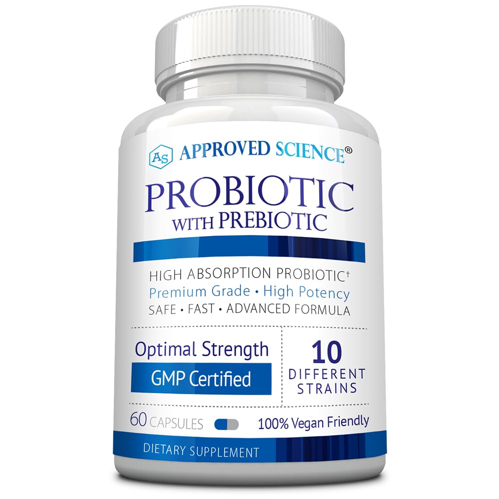 Approved Science Probiotic bottle front shows vegan, multi-strain formula for daily gut balance.