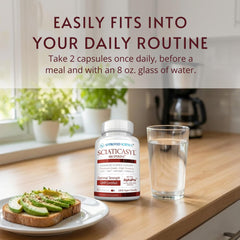 Daily-use scene suggests routine with capsules and water.