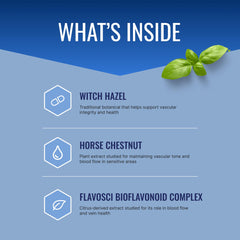Approved Science TestiCare bottle label closeup highlighting Witch Hazel and bioflavonoids for vein vitality.