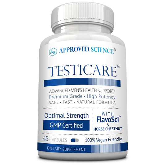 Approved Science TestiCare bottle front showing vegan vein support capsules.