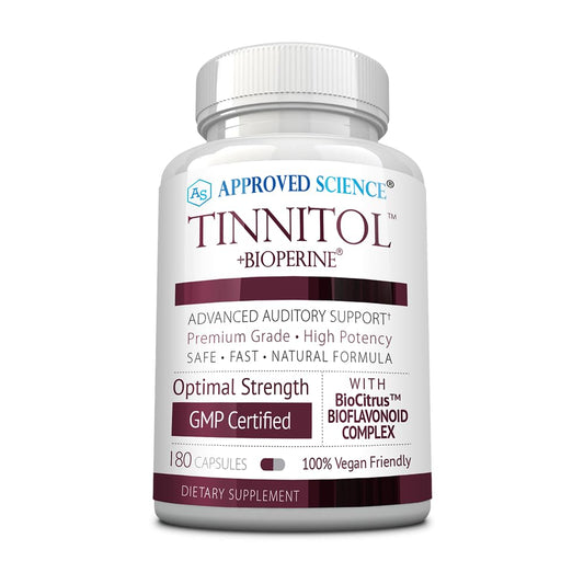 Approved Science Tinnitol bottle front showing vegan formula for tinnitus support