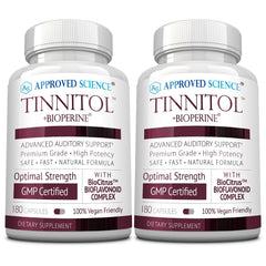 Approved Science Tinnitol bottle front for tinnitus support and daily use.