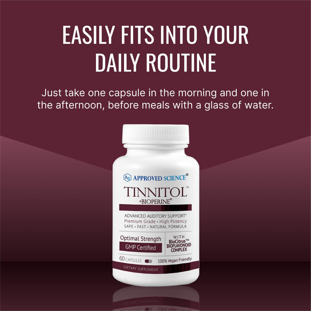 Approved Science Tinnitol bottle showcasing inner ear wellness formulation.