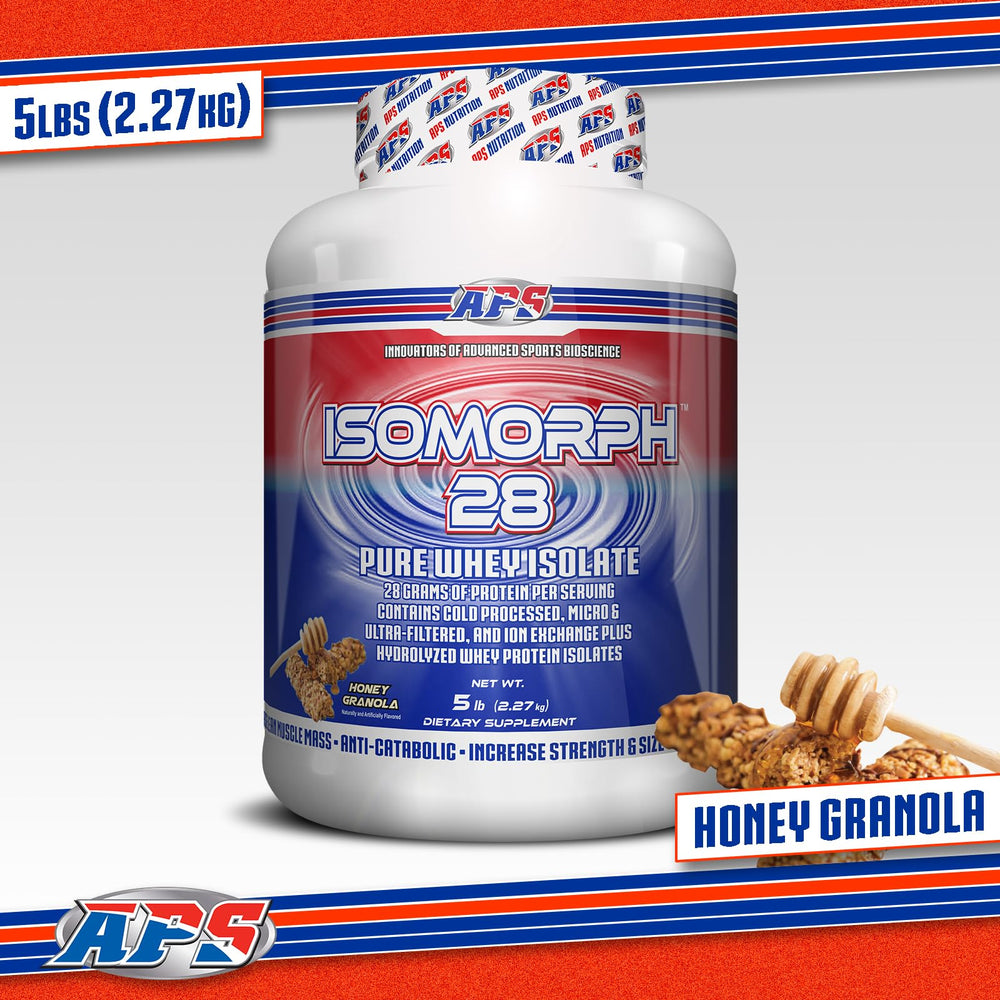 APS Nutrition Isomorph 28 ingredient panel shows 28 g protein per serving.